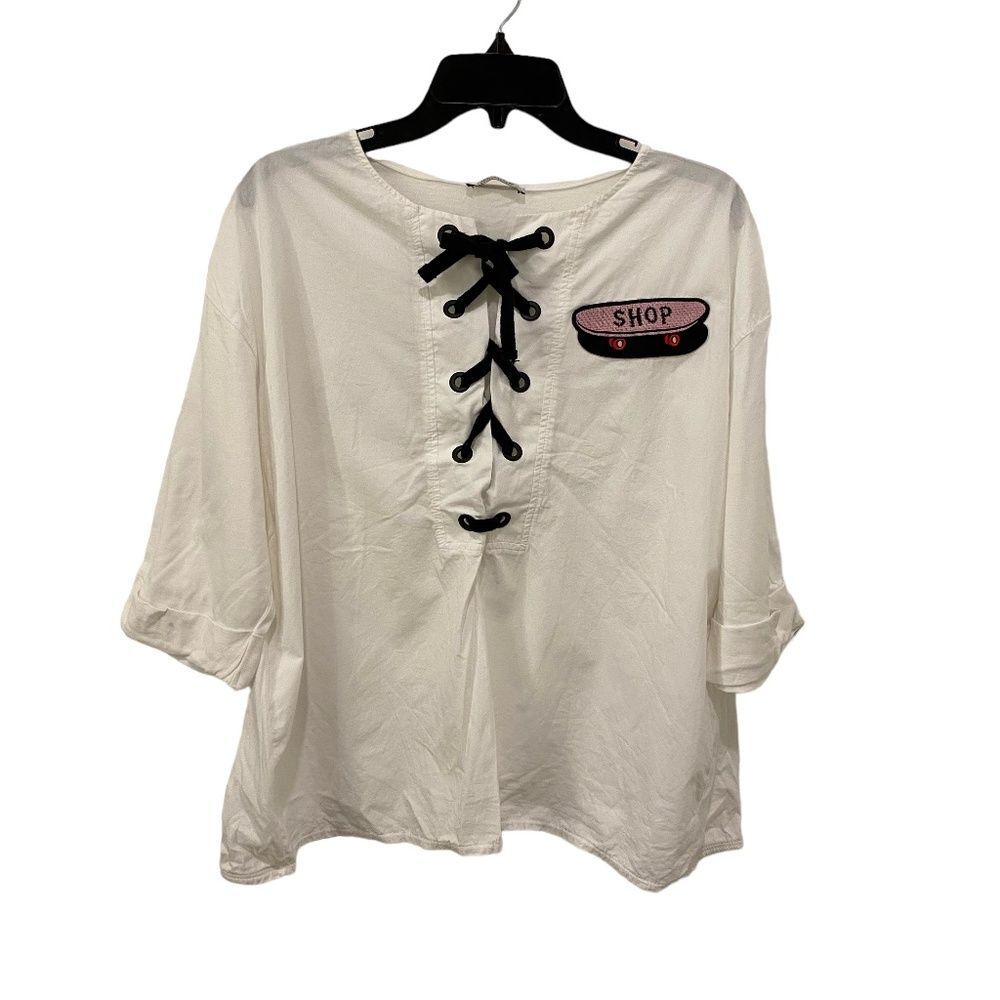 Zara Trafaluc White Cotton Lace Up V-Neck Blouse Skateboard Shop Patch Large